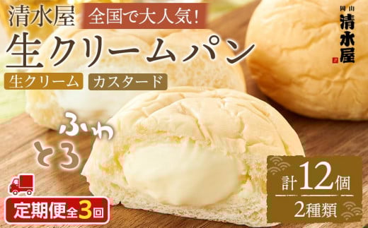 【定期便全３回】＜究極のふわとろ食感＞清水屋 生クリームパン 12個 2種（カスタード・生クリーム）