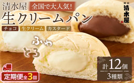【定期便全３回】＜究極のふわとろ食感＞清水屋 生クリームパン 12個 3種（カスタード・生クリーム・チョコ）
