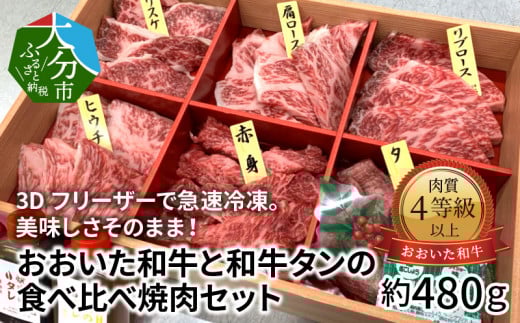 3Dフリーザーで急速冷凍。美味しさそのまま！おおいた和牛と和牛タンの食べ比べ焼肉セット　約480g（秘伝のタレ3種類付き） 牛肉 和牛 タン 焼肉 セット 霜降り 冷凍 食べ比べ 赤身 おおいた和牛 A01098