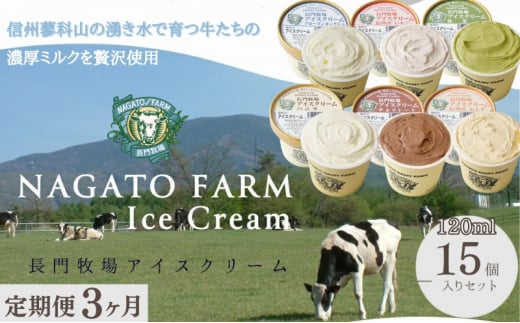 【定期便】3ヵ月連続でお届け!長門牧場アイスクリーム 15個セット バニラ チョコレート アイス ギフト スイーツ デザート 人気 おすすめ 高評価 お土産 ご当地