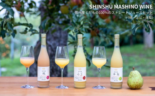 MW15-25E 信州産 フルーツジュースセット（ふじ／桃／洋梨 500ml×3本）// 長野県 南信州 国産 ストレートジュース フジ  もも ピーチ 洋なし りんご リンゴ 果汁100％ 保存料不使用