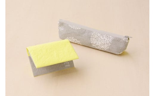 五箇山産和紙カードケース・ペンケースセット（シロエビ/イエロー）