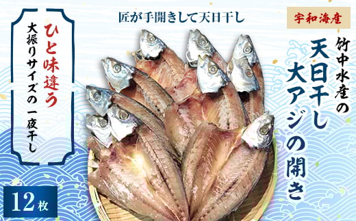 竹中水産の天日干し大アジ(宇和海産)の開き12枚(大振りサイズがたまらない)!<D22-250>_ アジ 大アジ 鯵 天日干し 干物 ひもの 天然 セット 魚介 魚介類 海鮮 冷凍 愛媛 八幡浜 産直 産地直送 国産 おかず おつまみ 【1073907】