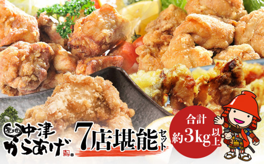 中津からあげ7店堪能セット 大容量 約3kg以上 冷凍 味付け 食べ比べ | 家庭調理 味付生肉 中津からあげ 唐揚げ からあげ から揚げ レンジ 冷凍 冷凍食品 もり山 スーパー細川 くうとん ぶんごや げんきや からいち とよからあげ 大分県 中津市
