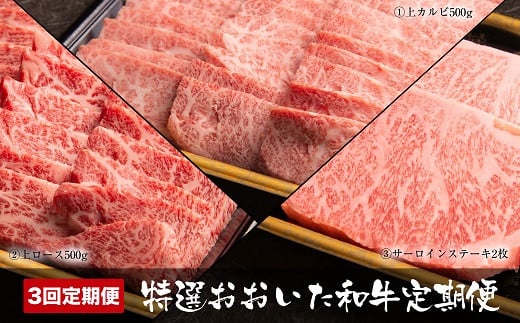 【3ヶ月定期便】特選おおいた和牛 合計1.4kg 毎月お届け タレ付き | 焼肉 上カルビ 上ロース サーロインステーキ ステーキ お肉 肉 牛 牛肉 和牛 3回 定期 定期便 国産 九州産 大分県産 冷凍 大分県 中津市 送料無料