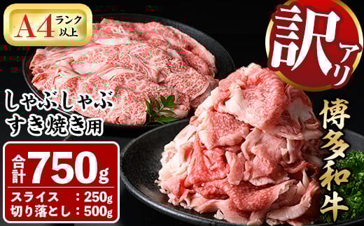 <訳あり>博多和牛しゃぶしゃぶすき焼き用(合計750g) 牛肉 黒毛和牛 国産 スライス 切り落とし バラ 焼き肉 BBQ 化粧箱 贈答 ギフト プレゼント<離島配送不可>【ksg0301】【MEATPLUS】