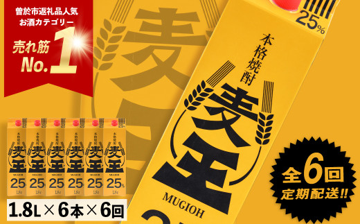 ＜定期便・全6回(連続)＞鹿児島本格麦焼酎！麦王パック(1.8L×6本×6回) 定期便 麦焼酎 詰め合わせ【岩川醸造】T8-v02