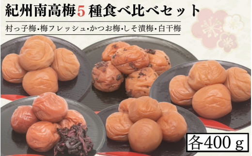 紀州南高梅5種食べ比べセット 村っ子梅(塩分約8%)・梅フレッシュ(塩分約5%)・しそ漬梅(塩分11%)・かつお梅(塩分9%)・白干梅(塩分17%) 各400g / 田辺市 紀州南高梅 南高梅 梅干し 梅干 梅 うめ 肉厚 お米 おにぎり 焼酎 梅酒 健康 はちみつ入り しそ漬け 減塩 塩分控えめ ご飯のお供 セット 詰合せ 食べ比べ[fuz016-1]