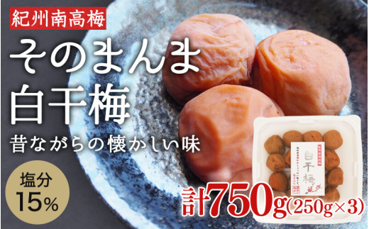 そのまんま白干梅 A級品 計750g(250g×3個) / 梅干し 梅干 梅 紀州南高梅 A級 和歌山 和歌山県産 田辺市 南高梅 白干し梅 無添加 しょっぱい梅干し 昔ながらの梅干し なつかしい【kfo015-1】