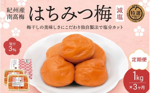 [3カ月定期便] 紀州南高梅 はちみつ梅 減塩(塩分3%)1kg(500g×2) / 梅干し 梅干 梅 中田食品 A級品 和歌山 田辺市 紀州南高梅 南高梅 はちみつ梅 減塩 塩分控えめ[nkt021-tk]