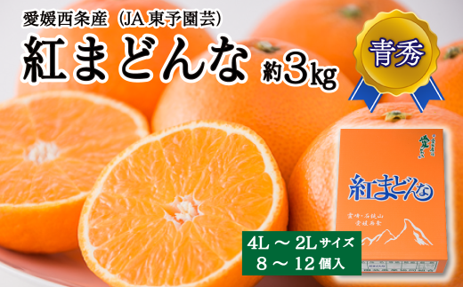 紅まどんな 青秀 8～12個入 4L～2Lサイズ 3kg 愛媛県西条市 （JA東予園芸） 【先行予約】 【11月下旬～12月下旬頃発送】｜ 紅まどんな 愛媛 青秀 マドンナ みかん 果物 フルーツ ジューシー 甘い 高級 おすすめ 人気 お取り寄せ 愛媛県産 西条市産 送料無料 【オンライン決済限定】