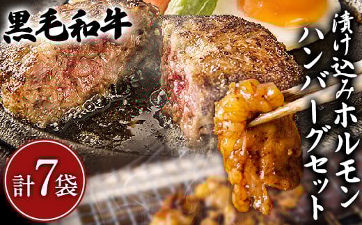 黒毛和牛漬け込みホルモン・ハンバーグセット（計7袋） 絶品 ブランド牛 黒毛和種 有限会社トップルーフ《60日以内に出荷予定(土日祝除く)》