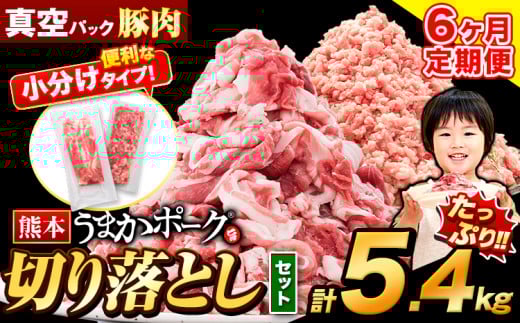 【6ヶ月定期便】豚肉 切り落とし ＆ ミンチ ハーフセット 5.4kg 豚 細切れ こま切れ 豚こま 豚小間切れ 豚しゃぶ 小分け 訳あり 訳有 ひき肉 うまかポーク 傷 規格外 ぶた肉 ぶた 真空パック 数量限定 簡易包装 冷凍 《お申込み月の翌月から出荷開始》