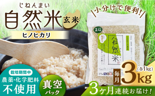 【3回定期便】栽培期間中 農薬・化学肥料不使用 自然米 玄米 3kg（ヒノヒカリ 1kg×3袋）/自然庵 [UCQ022]
