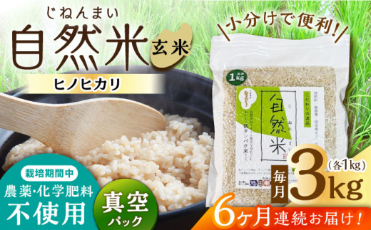 【6回定期便】栽培期間中 農薬・化学肥料不使用 自然米 玄米 3kg（ヒノヒカリ 1kg×3袋）/自然庵 [UCQ023]