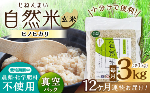 【12回定期便】栽培期間中 農薬・化学肥料不使用 自然米 玄米 3kg（ヒノヒカリ 1kg×3袋）/自然庵 [UCQ024]