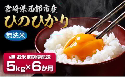 【6ケ月定期便】無洗米ヒノヒカリ　5kg×6回　令和4年1月より発送　宮崎県西都市産＜4.5-3＞
