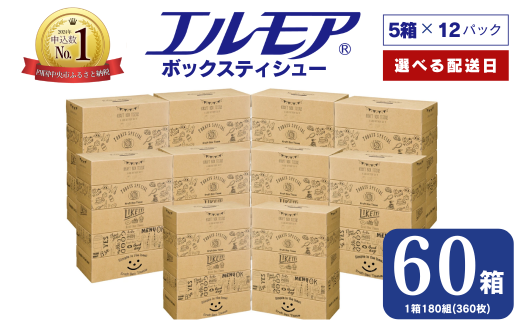 【指定日配送】エルモア ティシュー 60箱 そのまま飾れる 5個ポリ×12パック ティッシュ ティッシュペーパー ボックスティッシュ Kazaru×Krafty ラインアート 日用品 消耗品 備蓄 防災 愛媛県 四国中央市