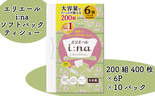 エリエール i:na(イーナ) ティッシュー ペーパー ソフトパック 60パック 6パック × 10 200組 パルプ100% やわらか ティッシュペーパー 箱なし エコ 持ち運び 車内 お出かけ 日用品 消耗品 新生活 備蓄 防災 送料無料 愛媛県 【四国中央市 日本一 紙のまち】
