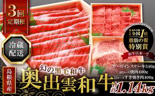 【冷蔵配送】全国大会W受賞!奥出雲和牛いろいろ定期便3回【リッチ】(毎月20日お届け)【牛肉 定期便 3回 サーロインステーキ 肩ロース焼肉 肩ロースすき焼き肉 ステーキ 焼肉 すき焼き 冷蔵 国産 奥出雲和牛 黒毛和牛 ブランド牛 贅沢 お祝い 贈り物 プレゼント ギフト】