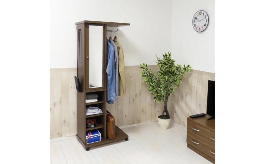 ミラー付ハンガーラック ブラウン