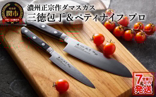濃州正宗作 ダマスカス包丁2点セット(プロフェッショナル) 〜70年以上の歴史ある工場がつくる本格派のダマスカス包丁〜三徳包丁 ペティナイフ H25-104 [7営業日以内発送]