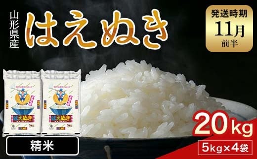 FYN1-229 【11月発送】 令和7年産 新米 山形県産 はえぬき 20kg 2025年 お米 米 米米 ごはん ご飯 白米 国産 ブランド米 節水 時短 冷めてもおいしい お取り寄せ 食品 山形県 西川町 月山