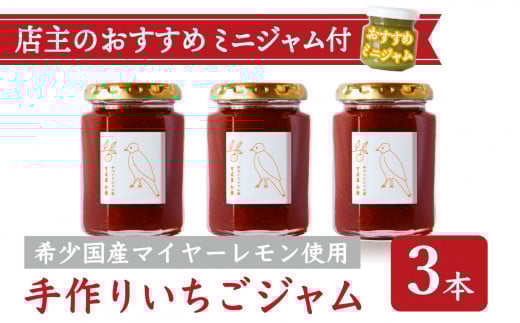 手作り いちごジャム 160g 3本 セット 希少 国産 マイヤーレモン お得 お試し ミニジャム付 保存料 着色料 不使用  ジャム フルーツ 果物 いちご 苺 果肉 パン 朝食 朝ご飯 贈り物 贈答 箱詰め プレゼント ギフト 手作り ハンドメイド  詰め合わせ スイーツ おやつ ケーキ パンケーキ 美味しい 三重県 尾鷲市 KA-38