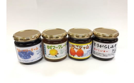 ゆずマーマレード ブルーベリージャム イチゴジャム とうがらしみそ 4点セット 手作り ジャム 甘辛味噌 ごはんのお供 パン トースト ヨーグルト おにぎり 料理 アレンジ 贈答 ギフト 茨城県 石岡市 (G04-001)