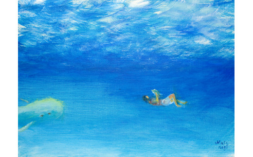 ムラナギ絵画作品No.1518『海の本』 一点物 アクリル原画 幻想世界 アート作品 F4キャンバス仕様 壁掛け 棚置き 可能 絵 作品 アート 芸術品 コレクション 原画 飾り インテリア 茨城県 石岡市 (F10-011)