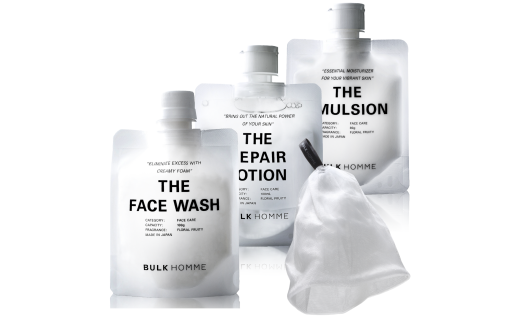 035-005 【BULK HOMME バルクオム】FACE CARE 3STEP セット(THE FACE WASH、THEREPAIR LOTION、THE EMULSION、THE BUBBLE NET)フェイスケア 洗顔料 薬⽤化粧⽔ 乳液 BULK HOMME