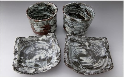 【唐津焼】中川自然坊窯 刷毛目唐津 蕎麦猪口、たたら銘々皿 2客セット