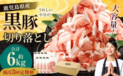 【隔月3回定期便】鹿児島県産黒豚 切り落とし 合計6kg(2kg×3回) 鹿児島 黒豚 切り落とし 小分け 隔月 定期便 3回 豚肉 ウデ肉 肩肉 CSR-537