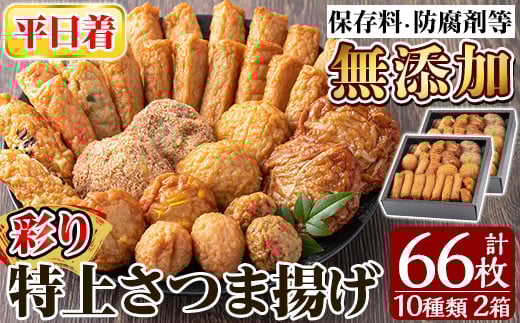 a282-01 <平日着分>特上さつま揚げ彩り合計66枚(10種33枚)×2箱【薩摩のまごころ】姶良市 さつまあげ 薩摩揚げ 惣菜 おかず ギフト 贈答用
