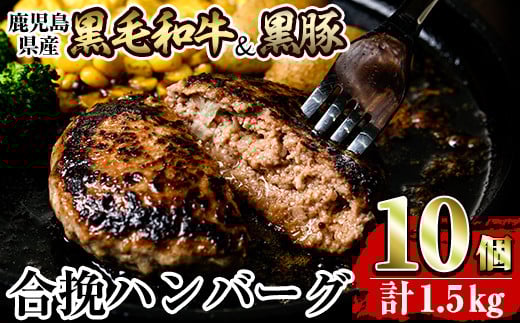 a842 黒毛和牛&黒豚合挽ハンバーグ計1.5kg(150g×10個)(トレー無しSDGs)[水迫畜産]姶良市 国産 鹿児島県産 肉 牛肉 牛 豚肉 豚 総菜 冷凍ハンバーグ ハンバーグ おかず 焼くだけ 簡単 冷凍 個包装 小分け パック 一人暮らし