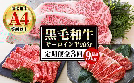 【3か月定期便】カットを選べる！鹿児島県産 黒毛和牛 サーロイン 半頭分 9kg（3kg×3回)  A4等級以上 ！ステーキ カット スライス カット 焼肉 カット から選べます！ 冷凍 国産 鹿児島県産 黒毛和牛すき焼き しゃぶしゃぶ 焼肉 半頭分 定期便【G-003H】