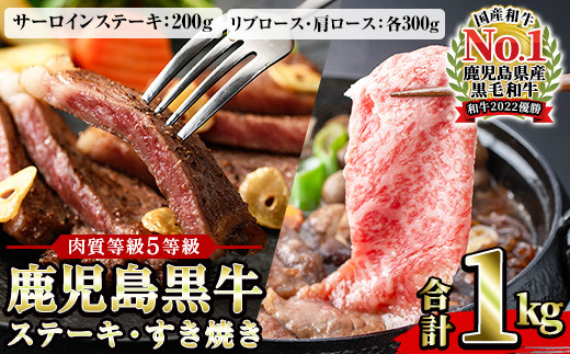 鹿児島黒牛 3種 食べ比べ 1kg サーロインステーキ 400g（200g×2P） リブロース スライス 300g×1P 肩ロース スライス 300g×1P 5等級 内閣総理大臣賞受賞！日本一 の 鹿児島黒牛 冷凍 小分け 国産 鹿児島県産 希少部位 赤身 BBQ すきやき しゃぶしゃぶ 焼肉 にも便利【E-301】【E-52H】