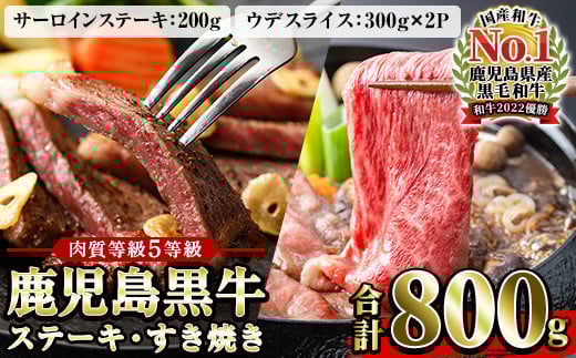 鹿児島黒牛 食べ比べ 800g サーロイン ステーキ 200g×1P ウデ スライス 600g（300g×2P） 5等級 内閣総理大臣賞受賞！日本一 の 鹿児島黒牛 冷凍 小分け の 国産 鹿児島県産 ステーキ スライス肉の詰め合わせ 【H-701】【C-83H】