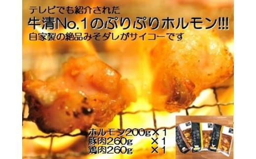 1505　自家製 みそダレ Bセット　　牛ホルモン 200ｇ 豚肉 鶏肉 各１ / 黒毛和牛ホルモン 牛清 バーベキュー BBQ キャンプ 牛肉 ぶた肉 とり肉 特製 味噌漬 味付 伊勢志摩 三重 伊勢