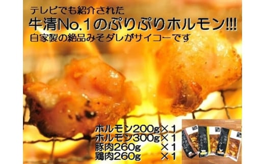 1509　自家製 みそダレ Fセット　　牛ホルモン 200g 300ｇ×各１ 豚肉 ×１ 鶏肉 ×１/ 黒毛和牛ホルモン 牛清 バーベキュー キャンプ 牛肉 ぶた肉 とり肉 特製 味噌漬 味付 伊勢志摩