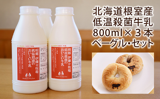 A-13026【12/17まで年内配送】 低温殺菌牛乳800ml×3本、ベーグル(クルミ・プレーン)各2個
