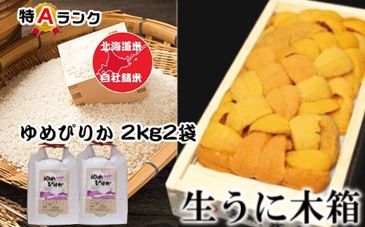 F-65010【11/30まで年内配送】 エゾバフンウニ100g×1折、ゆめぴりか2kg×2袋