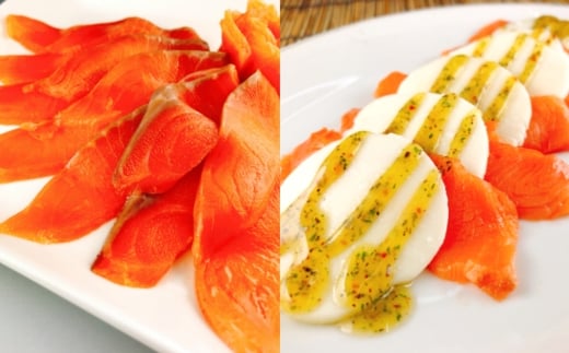 F-09012【12/14まで年内配送】 スモークサーモン4~8P(計1kg)&スモークサーモンカプレーゼ5~8P(計1kg)