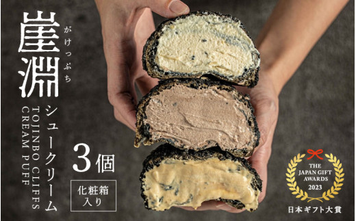 【化粧箱】崖淵シュークリーム チョコ カスタード キャラメル 各1個 計3個 ～東尋坊ご当地スイーツ！～【日本ギフト大賞2023福井賞 受賞】【セット お菓子 おやつ チョコレート ザクザク食感 アソート スウィーツ デザート 大人気 洋菓子 ギフト 贈答】 [A-21001]