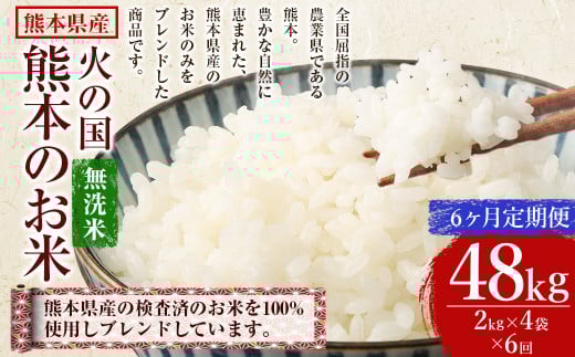 【6ヶ月定期便】無洗米 火の国 熊本のお米 合計48kg 8kg×6ヶ月 米 こめ ブレンド米 チャック付き 小分け 小袋 熊本県産