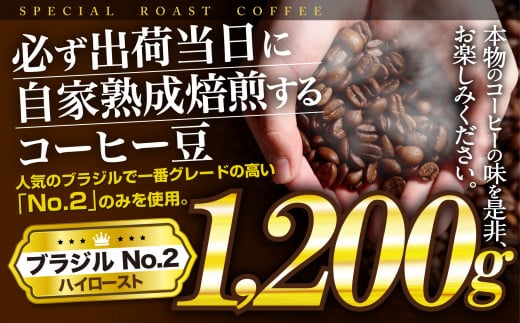 E428z  【必ず出荷日に自家熟成焙煎】コーヒー豆 ブラジルNo.2 (1,200g) ブラジル豆の最高グレード J.C.Q.A認定コーヒーインストラクター1級のこだわり コーヒー本来の味を楽しめるハイロースト【SASEBO Coffee TOMINAGA】10000円 人気 新鮮 挽きたて 本格 高級 大容量
