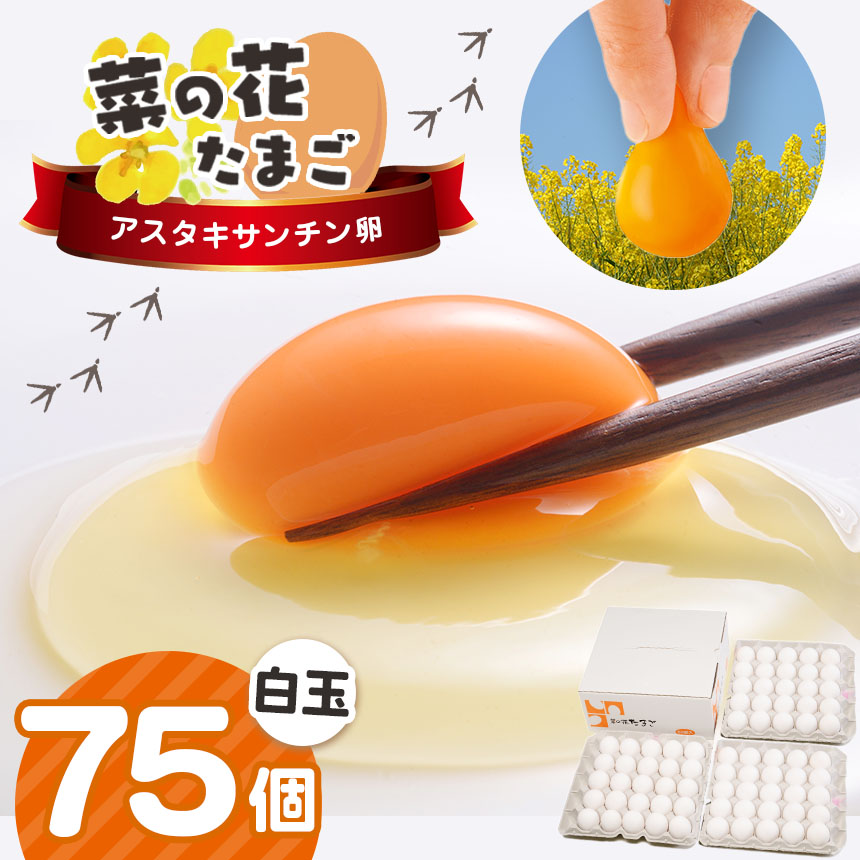 2週間以内に発送   君津市産 菜の花エッグ アスタキサンチン卵 白玉 75個入り 菜の花たまご | 早く届く すぐ すぐ発送 たまご 卵 タマゴ 玉子 白 卵かけご飯 お菓子作り 新鮮 オススメ 千葉県 君津市 きみつ