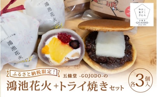 ★ふわもちの贅沢を一箱に★ 【ふるさと納税限定】五條堂(GOJODO)の鴻池花火3個入り+トライ焼き3個入りセット