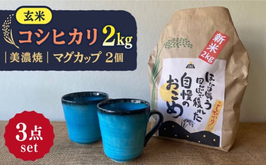 【令和7年産】 玄米 コシヒカリ 特別栽培米 （2kg） + 【美濃焼】 青輝貫入 マグカップ （2個） 多治見市 / 山松加藤松治郎商店 [TEU026]