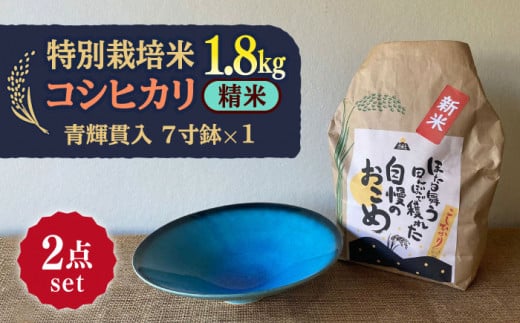 【令和7年産】 精米 コシヒカリ 特別栽培米 （1.8kg）+ 【美濃焼】 青輝貫入 7寸鉢 多治見市 / 山松加藤松治郎商店 [TEU049]